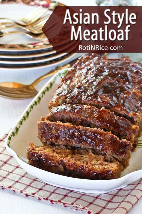 Moist and flavorful Asian Style Meatloaf flavored with hoisin and soy sauce. Delicious served with rice for a truly Asian taste. | RotiNRice.com #meatloaf #asianinspired Asian Inspired Recipes, Meatloaf Recipes, Dinner Is Served, Easy Dishes, Cooked Vegetables, Asian Cooking, Beef Dishes, Asian Dishes, Meat Dishes