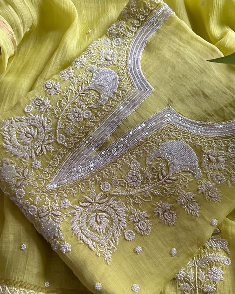 *SOLD* Haldi Special 🌻 Shop now at www.nazranachikan.com Beauty of Beads on Mesmerising Mul 🪽 Intricate Chikankari on pure mul chanderi embellished with beautiful beadwork. Handcrafted fine chikankari with heavy beads and sequins on fine and soft fabric of pure mul chanderi. Available in beautiful neon yellow shade this set is unique and perfect for upcoming festive occasion. To book dm us @nazranachikan or click on the message now below #nazranachikan#chikankarikurta #lucknowchikan... Lace Designs On Suits, Jali Work, Mukaish Work, Chikankari Work, Lace Designs, Kurti Design, Beautiful Beadwork, Diy Embroidery Patterns, Boutique Dress Designs