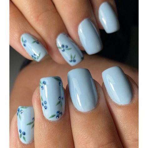 Simplistic Summer Nails, Simple Nails Squoval, Dusty Blue Wedding Nails, Switzerland Nails, Blueberry Milk Nails, Natural Looking Acrylic Nails, Milk Nails, Blueberry Milk, Teen Nails