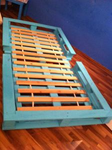 Pallet bed, assembled, without mattress Single Pallet Bed, Twin Size Pallet Bed Diy, Pallet Bed Twin Size, How To Make Pallet Bed Videos, Wood Pallet Beds Single, Bed Made From Pallets, Bed Frame Diy, Pallet Bed Frame Diy, Repurposed Pallets