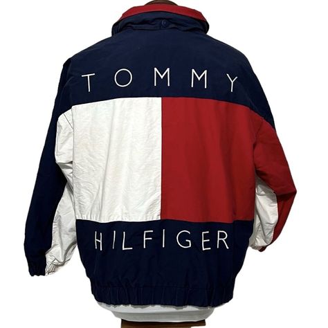 Vintage 1990's Tommy Hilfiger Spell Out Big Flag Logo Reversible Jacket / Coat Hood Mens Size Xl Chest - 26" Laying Flat Sleeve - 29" Collar To Cuff Length - 27" Collar To Hem Overall Good Pre Owned Condition, Some Color Bleeding / Staining At Cuff, Faded Spot Stain At Shoulder, Stain On Sleeve, See Photos Tommy Hilfiger Vintage, Tommy Hilfiger Jackets, Flag Logo, Reversible Jacket, Hooded Coat, Men's Coats And Jackets, Jacket Coat, Labour Day, Tommy Hilfiger