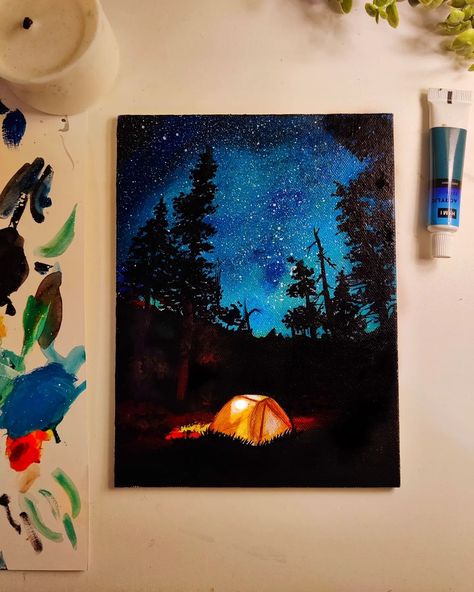 Forest Campfire Painting, Camping Painting Ideas, Silhouette Painting Acrylic, Painting Campfire, Campfire Painting, Scripture Art Canvas, Diy Canvas Painting Ideas, Camping Painting, Painting Silhouette