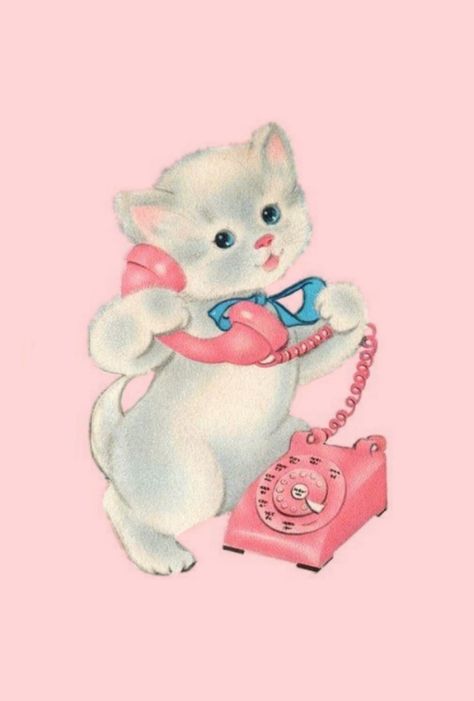 Vintage Illustration Aesthetic, Kitsch Wallpaper Phone, Vintage Cats Illustration, Vintage Cat Illustration, Kitsch Aesthetic, Kitsch Art, Kittens Vintage, Vintage Kitten, Picture Pink