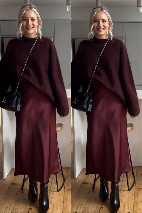 Satin Burgundy Skirt Outfit, Cranberry Skirt Outfit, Work Outfits Women Hourglass Shape, Silk Skirt Holiday Outfit, Plum Outfits Female, Satin Skirt Modest Outfit, Satin Bias Skirt Outfit, Satin Skirt With Cardigan, Burgundy Knit Sweater Outfit