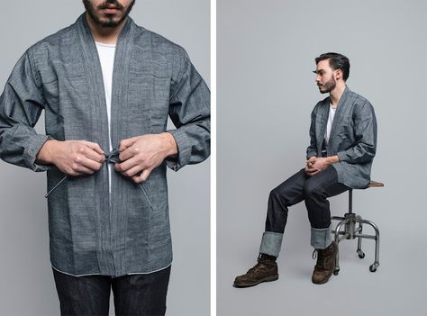 Naked and Famous Kimono Noragi Mens Kimono Shirt, Casual Wedding Groom, Noragi Jacket, Japanese Street Fashion Men, Japanese Workwear, Japanese Mens Fashion, Mens Sewing Patterns, Modern Kimono, Kimono Shirt