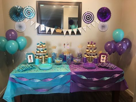 Aladdin Gender Reveal, Teal And Purple Gender Reveal Party, Gender Reveal Purple And Blue, Royal Gender Reveal Party, Purple And Teal Gender Reveal, Purple Gender Reveal Ideas, Purple And Blue Gender Reveal Ideas, Prince Or Princess Gender Reveal, Baby Gender Reveal Announcement