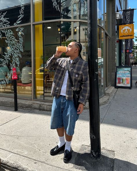 Styling Shorts With Loafers 👞 How do we feel about this pairing? #highstreetvision Shorts With Loafers Outfit, Gang Outfits Men, Outfits With Loafers Men, Mens Loafer Outfit, Fits With Loafers, Shorts And Loafers Outfit, Loafers Men Outfit Casual Street Styles, Mens Loafers Outfit, Men’s Loafers Outfit