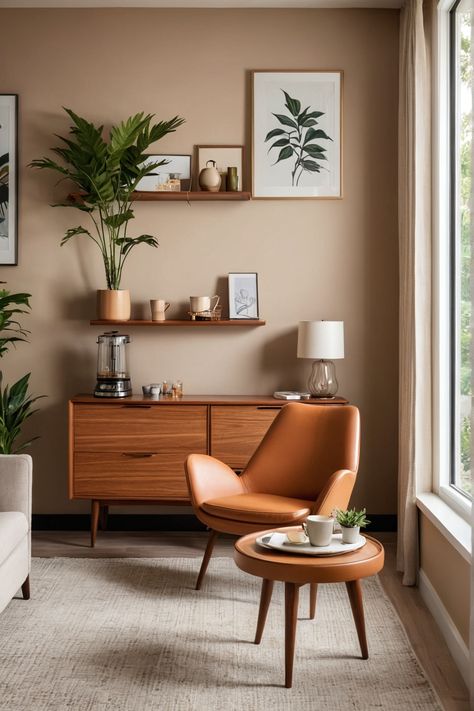 Modern living room with wooden furniture, plants, and large window. Cozy Retro Apartment, Coffee Lounge Ideas Home, Coffee Corner Ideas In Living Room, Modern Coffee Nook, Retro House Aesthetic, Warm Colours Living Room, Mid Century Modern Mood Board, One Room Interior, Mid Century Scandinavian Living Rooms