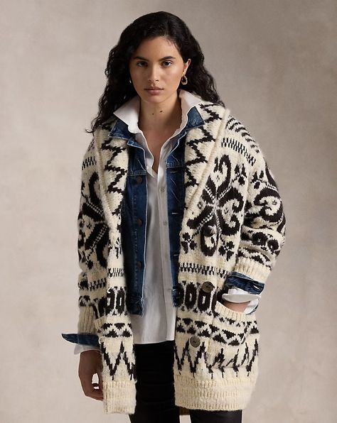 Wool-Blend Shawl-Collar Cardigan Ralph Lauren Sweater Women, Ralph Lauren Cardigan, Jacquard Cardigan, Shawl Collar Cardigan, Girl's Back, Chunky Wool, Collar Cardigan, Jumper Shirt, Cardigan Vest