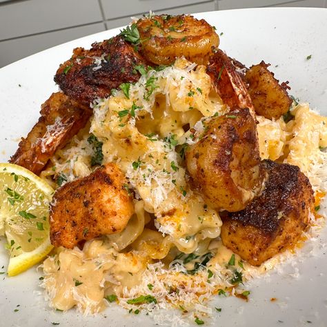 Cajun Salmon And Shrimp Alfredo, Salmon And Shrimp Alfredo Pasta, Shrimp Cavatappi Pasta, Cajun Salmon And Shrimp Pasta, One Stop Chop Recipes, Onestopchop Recipes, Rice And Shrimp Recipes, Shrimp And Salmon Pasta, Salmon And Pasta Recipes