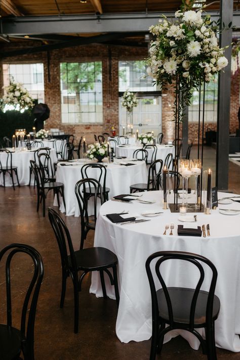 Black And White Wedding Reception, White Wedding Reception, Industrial Wedding Decor, Hanging Installation, Candles Black, Black Taper Candles, Summer Wedding Reception, Monochrome Weddings, White Weddings Reception