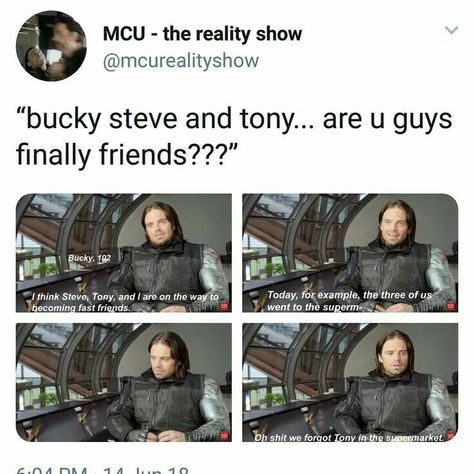 Bucky, Steve and Tony friendship Bucky Steve, Steve And Tony, Bucky And Steve, Dc Memes, Dc Movies, Avengers Memes, Marvel Stuff, Loki Laufeyson, Marvel Jokes