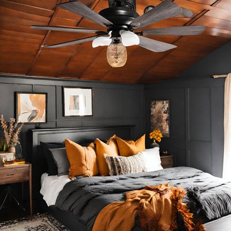 Black And Burnt Orange Bedroom, Orange Blinds, Burnt Orange Bedroom, Orange Bedroom, Moody Bedroom, Bedroom Orange, Condo Ideas, New Condo, Orange Accents