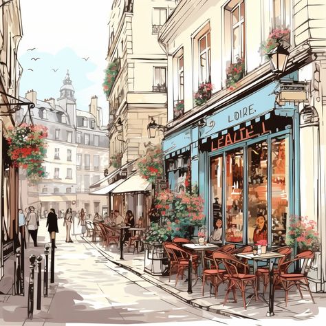 "Parisian Allure: Cafe and Cobblestones" is a vibrant portrayal of a bustling Paris street, capturing café culture with intricate details and a soft color palette, embodying the spirit of Paris. #Paris #Café #Cobblestones #StreetScene #Vibrant #Sidewalk #Patrons #Sunlit #Façade #Leisure #BloomingFlowers #Urban #WarmGlow #Welcoming #Detail #LineWork #SoftPalette #Movement #Life #Spirit #Parisian #Corner #Story #Invitation #Rhythmic #Pulse #Illustration #Colorful #Allure #Culture Paris Cafe Sketch, Paris Sidewalk Cafe, Paris Street Illustration, Cafe 2 Point Perspective, Paris Street Drawing, Pulse Illustration, Paris Cafe Painting, Story Invitation, Cafe Street