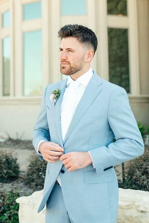 One modern groom suit might be a great choice for your special day. I love recommending, this enhances any venue. Save this inspiration to your groom collection. Groom In Blue Suit, Light Blue Suit Men, Groom Collection, Suits Groom, Modern Groom, Classic Tuxedo, Wedding Blue, Sophisticated Wedding, Groom Suit