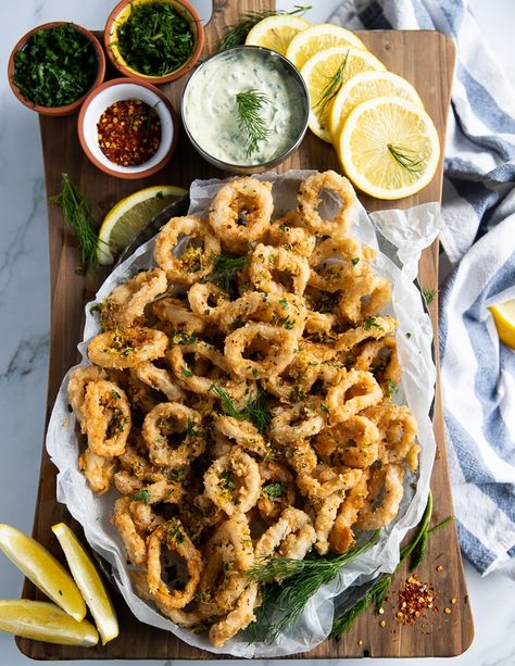 The Best Calamari recipe you'll ever make with video and tips! The secret flavor topping at the end is a must try! Served with homemade tartar! Dill Tartar Sauce, Sea Food Recipes, Fried Calamari Recipe, Gourmet Seafood, Calamari Recipe, Homemade Gourmet, Best Fish Recipes, Calamari Recipes, Seafood Menu