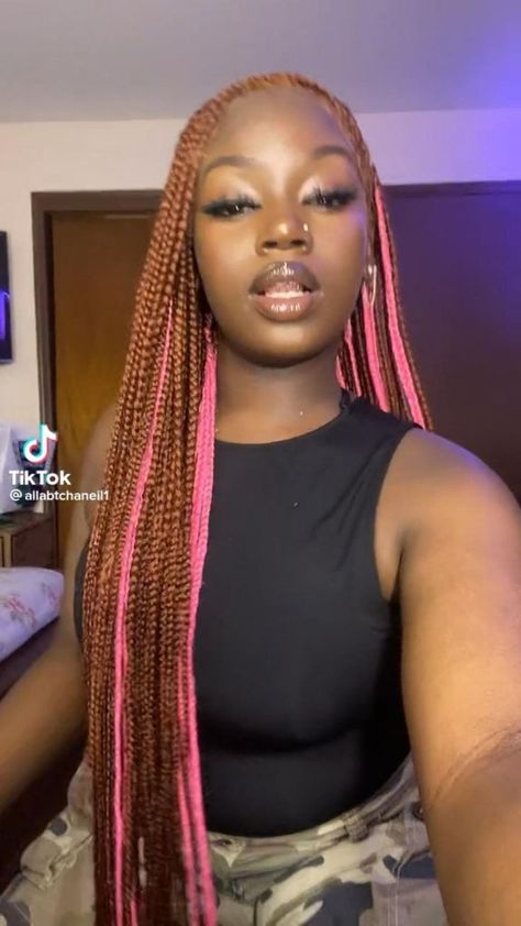 Pink Box Braids, Pink Peekaboo, Brown And Pink Hair, Peekaboo Hair Colors, Braiding Hair Colors, Latest Hair Braids, Short Box Braids Hairstyles, Peekaboo Hair, Colored Braids