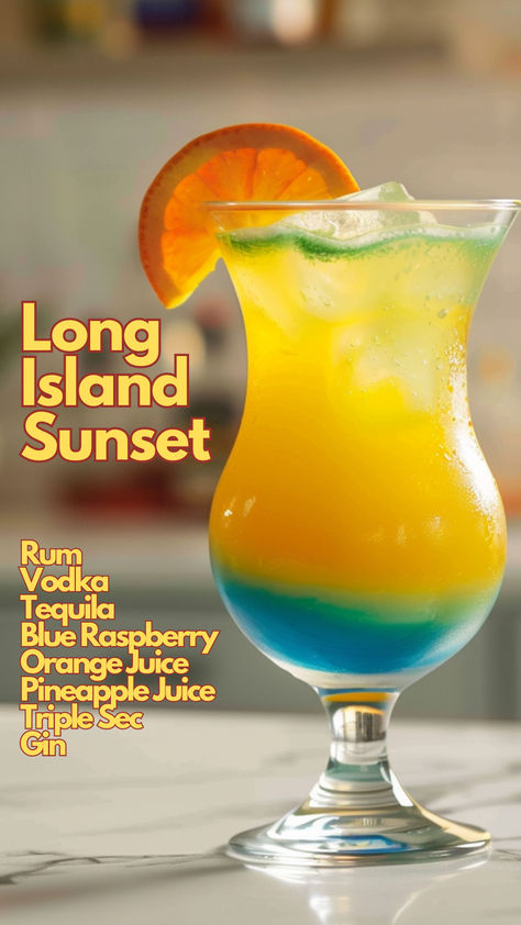 Long Island Sunset Alcohol Desserts Easy, Drink Recipes Tequila, Blue Raspberry Syrup, Summer Rum Cocktails, Pretty Cocktail, Rum Drinks Recipes, Juice Cocktails, Summer Drinks Alcohol, Cocktail Drinks Alcoholic