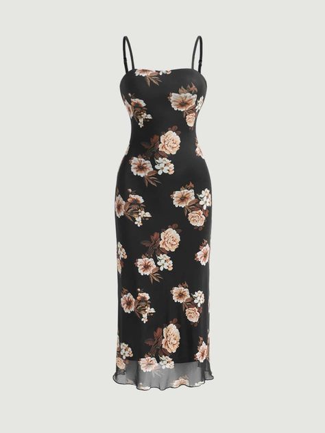 Black Flower Dress, Black Floral Print Dress, Chic Winter Style, Floral Print Dress Long, Floral Cami, Daytime Dresses, Printed Bodycon Dress, Frock Design, Fabric Floral