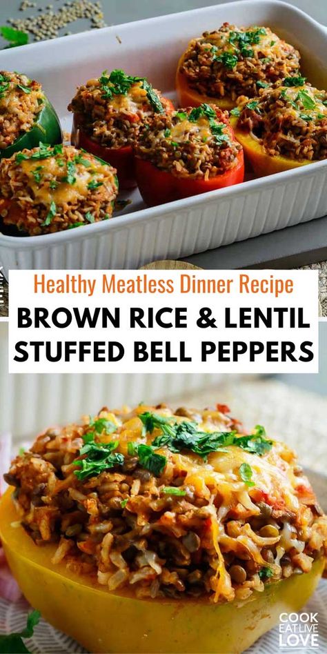 Enjoy an easy and delicious meatless dinner recipe with these Spicy Lentils and Rice Stuffed Bell Peppers! This dish combines the rich, spicy flavors of seasoned lentils and rice with the freshness of bell peppers, creating a nutritious and satisfying meal. Perfect for busy weeknights, this recipe is simple to prepare and sure to please everyone at the table. Try this tasty and wholesome dinner idea tonight! #vegetariandinnerrecipe #stuffedbellpeppers Stuffed Bell Peppers Lentils, Lentil Stuffed Bell Peppers, Meatless Stuffed Bell Peppers, Stuffed Peppers Lentils, Stuffed Bell Peppers Vegetarian, Rice And Lentils Recipe, Seasoned Lentils, Lentil Stuffed Peppers, Rice Stuffed Bell Peppers