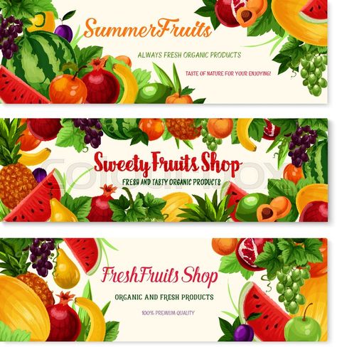 Stock vector of 'Fruit banner with fresh products of organic farm. Apple, orange, banana, grape, lemon, pineapple, watermelon, pear, peach, plum, melon, pomegranate fruit for farm market label, food packaging design' Fresh Food Packaging, Fruits Illustration, Shop Banner Design, Pineapple Watermelon, Fresh Products, Fruit Packaging, Fruit Cartoon, Fruit Vector, Pomegranate Fruit