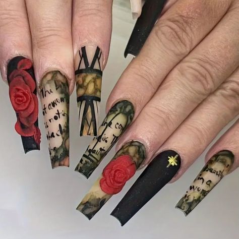 By Press On Nails Goth/ Steampunk, Long Floral Printed Nails....24 Count New Never Worn Rose Pattern Design, Glue Remover, Manikur Kuku, Roses Pattern, Manicure Tips, Nail Remover, Nail Type, Nails Set, Ballerina Nails