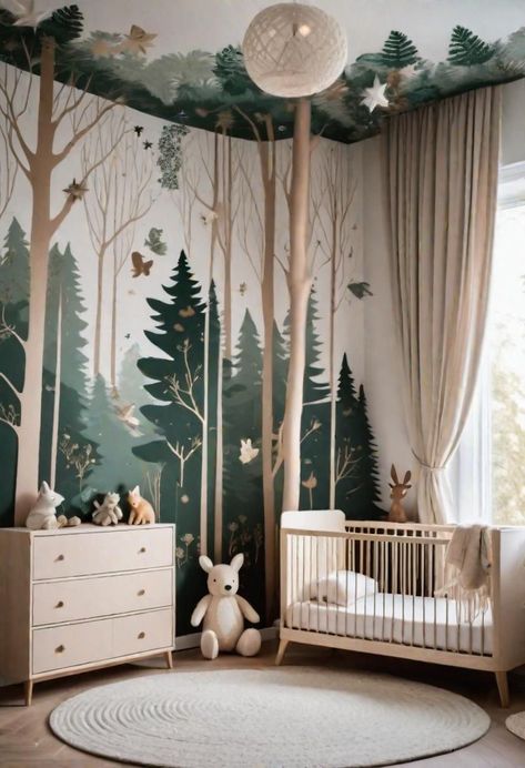 Forest Kids Bedroom, Baby Room Wall Painting, Nursery Forest Theme, Whimsical Woodland Nursery, Forest Baby Rooms, Jungle Theme Rooms, Monkey Room, Spring Moodboard, Baby Room Themes