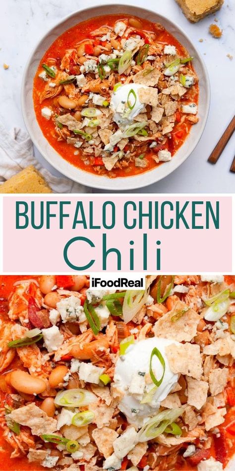 How to make the ultimate Buffalo Chicken Chili in an Instant Pot, Slow Cooker, or as a freezer meal (for 3 months of storage!). This hearty, warming chili is packed with buffalo chicken wing flavor, adjustable heat, and then topped off with creamy crumbled blue cheese. Pair with a salad for a simple, hands-off, mid-week meal! Buffalo Chicken Blue Cheese Salad, Meal For 3, Crockpot Buffalo Chicken Chili, Buffalo Chicken Chili Recipe, Shredded Chicken Chili, Buffalo Chicken Breast, Chicken Wing Flavors, Buffalo Chicken Wing, Buffalo Chicken Chili