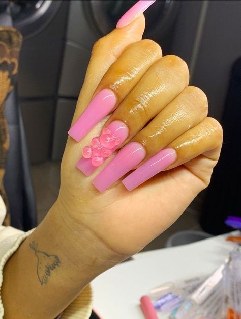 Pink Nails With Gummy Bears, Short Acrylic Nails With Gummy Bears, Pink Gummy Bear Acrylic Nails, Nail Designs Gummy Bear, Gummy Bear Nails Short, Acrylic Nails With Gummy Bears, Short Gummy Bear Nails, Acrylic Nails Gummy Bear, Gummy Bear Nails Acrylic