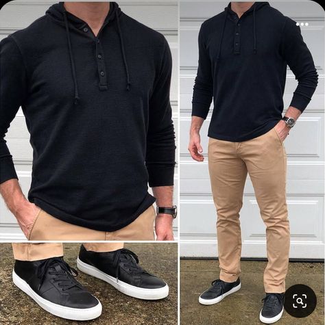 Black Henley, Henley Hoodie, Mens Business Casual Outfits, Tan Chinos, Tan Sneakers, Formal Men Outfit, Black Chinos, Mens Fashion Smart, Mens Fashion Blog