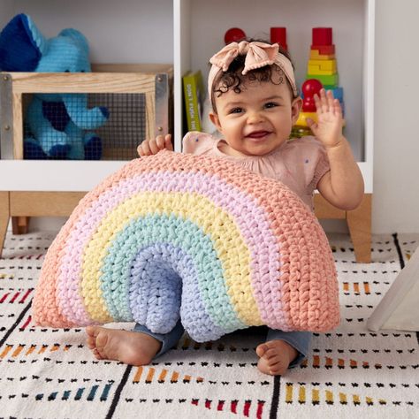 Bernat Baby Blanket Crochet, Crochet Rainbow Pillow, Crochet Pillow Patterns Free, Bernat Baby Blanket Yarn, Crochet Nursery Decor, Pillow Crochet Pattern, Bernat Baby Blanket, Rainbow Pillow, Crochet Nursery