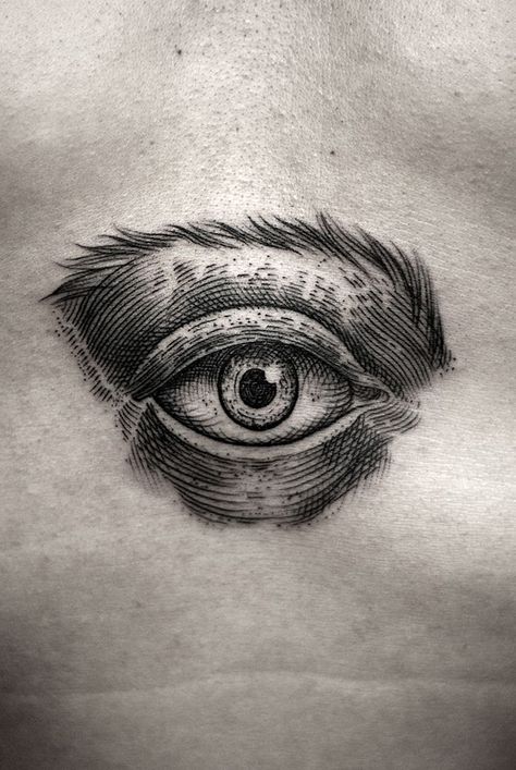 black woodcut style eye tattoo by Kamil Czapiga Tattoos Man, Tatoo 3d, All Seeing Eye Tattoo, Woodcut Tattoo, Tattoo Board, Work Tattoo, Line Work Tattoo, 1 Tattoo, Dot Work Tattoo