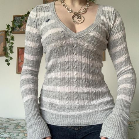 •vintage y2k abercrombie & fitch stripey v neck... - Depop Abercrombie And Fitch Outfits, Y2k Abercrombie, Abercrombie And Fitch Outfit, Cable Knit Sweater Outfit, Vintage Abercrombie And Fitch, Abercrombie Sweater, Digital Wardrobe, Knit Sweater Outfit, Vintage Ootd