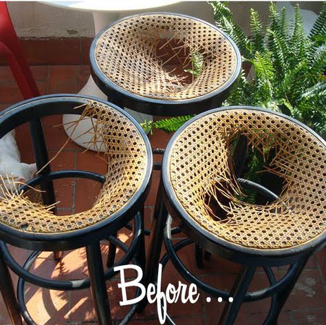 repurposed furniture before and after | Before & After: The Great Cane Bar Stool Reuse Fabio de Minicis ... Bar Stools Repurposed, Refurbished Bar Stools, Barstool Makeover, Antique Style Living Room, Green Stool, Pvc Furniture Plans, Wicker Bar Stools, Outdoor Wicker Chairs, Upholstered Swivel Chairs