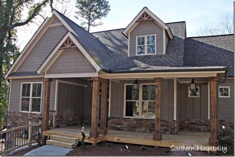 Google search - cedar columns. Grey house. Craftsman. Porch.                                                                                                                                                                                 More Rustic House Exterior, Front Porch Stone, Lake Houses Exterior, Gray House, Casas Coloniales, Grey Houses, Exterior Paint Colors For House, Casa Exterior, Cottage Plan