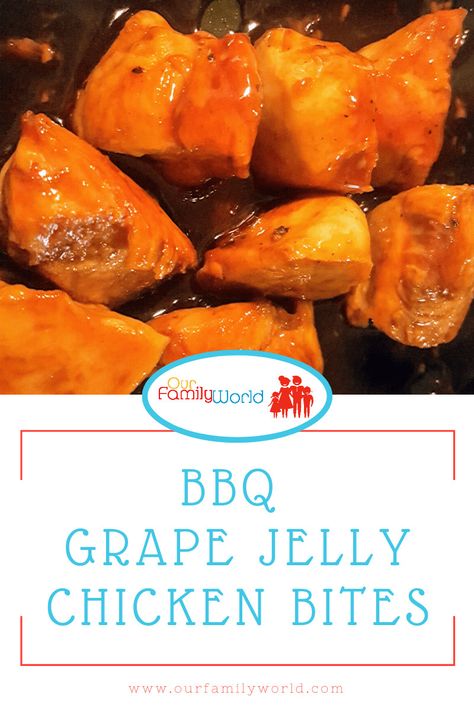 Who knew that two ingredients could transform chicken from plain-Jane to a homerun outta the ballpark! This recipe was inspired by one of my brothers. When he’s visiting, he always requests my mom’s popular grape jelly meatballs–which she simmers in the crockpot all afternoon.  I wasn’t making meatballs for dinner,… Chicken Bites Appetizers, Meatballs For Dinner, Bbq Chicken Bites, Making Meatballs, Chicken Breast Oven Recipes, Jelly Meatballs, Grape Jelly Meatballs, Bbq Sauce Chicken, Bbq Chicken Crockpot