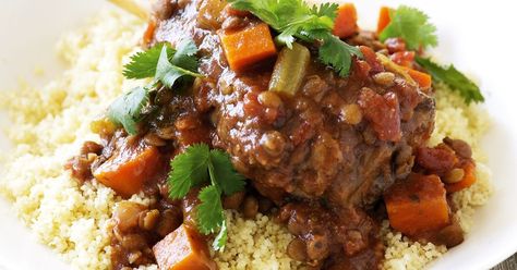 Save precious time with this lamb and lentil slow-cooker recipe that's wholesome and delicious. Lamb Slow Cooker Recipes, Mediterranean Lamb, Lentil Stew Recipes, Dinners Under 500 Calories, Slow Cooker Lamb, Chicken Tagine, Pea And Ham Soup, Slow Cooked Chicken, Slow Cooker Vegetarian