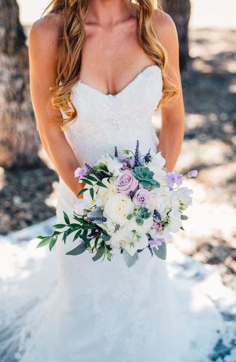 bridal bouquet Wedding Bouquets Roses, Lavender Wedding Bouquet, Lily Bridal Bouquet, Lavender Wedding Flowers, Purple Bridal Bouquet, Dollar Eucalyptus, Silk Wedding Bouquets, Flowers And Greenery, Succulent Bouquet