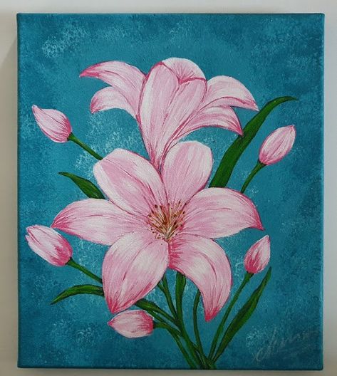 Lily flowers that inspire your optimism and joy in vibrant colors .A beautiful contrast between pink and turquoise acrylic on canvas 30*35 cm. Lilies Drawing, Easy Flower Painting, Lily Painting, Painting Ideas For Beginners, Acrylic Painting Flowers, Flower Painting Canvas, Lily Flowers, Acrylic Painting For Beginners, Painting Art Lesson