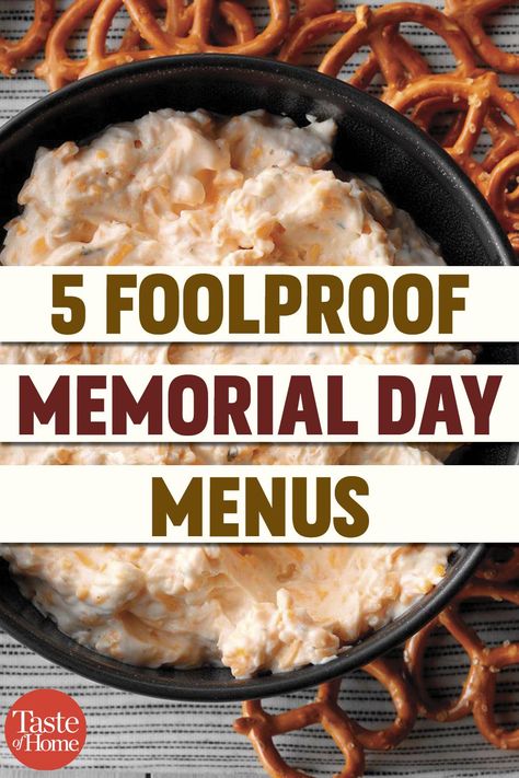 Taste of Home - 5 Foolproof Memorial Day Menus:... | Facebook Memorial Day Ideas, Memorial Day Desserts, Cookout Menu, Memorial Day Foods, Patriotic Food, Bbq Menu, Bbq Sides, Cookout Food, Weekend Meals