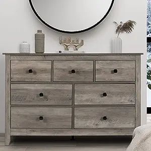 Weathered oak finish with modern handle, make your bedroom classic but modern, a more comfortable lifestyle. Made of quality manufactured wood and equipped with smooth metal runners on each drawer, which make this wooden dresser scratch-resistant and wear-resistant. Measuring is 47.24” W x 15.63”D x 31.5”H; Assembly is required and comes with detailed instructions and labels. Featuring 7 deep drawers with two different size drawers, Freeing up more space for the bedroom! Wooden Night Stand, Farmhouse Style Bedroom, Nightstand With Drawers, Cabinet For Bedroom, Gray Storage, Dresser Organizer, Farmhouse Dresser, Living Room Farmhouse, Farmhouse Style Bedrooms