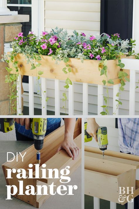 Railing Flower Boxes, Railing Planter Boxes, Deck Railing Planters, Simple Deck, Diy Container Gardening, Diy Curb Appeal, Deck Planters, Diy Balcony, Balcony Planters