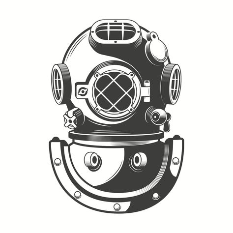 Diving Helmet Illustration, Helmet Vector, Diver Tattoo, Helmet Tattoo, Deep Sea Diver, Diving Helmet, Deep Sea Diving, Theme Tattoo, Vintage Nautical