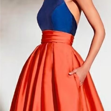 Sz 8 Brand New W Tags Gown/Dress Hi-Low Halter Color Block Blue And Orange With Decorative Floral Neck Line Orange Party Dress, Orange Cocktail Dress, Gold Brocade Dress, Orange Cocktail Dresses, White Lace Bodycon, Combination Dresses, White Floral Midi Dress, Hi Low Dress, Zara Black Dress