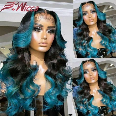 Skunk Stripe Hair Black, Skunk Stripe Hair, 4x4 Wig, Stripe Hair, Blue Wigs, Skunk Stripe, Brazilian Hair Wigs, Ombre Highlights, Blue Wig