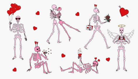 Set of Funny Skeletons with decor for Valentine's day. Cute character Skeleton Bones Skeleton Bones, Funny Skeleton, Cute Character, Logo Banners, Cityscape Photos, Heart With Arrow, Custom Illustration, Custom Branding, Background Banner