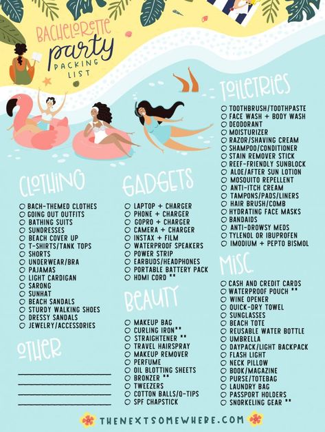 Free Bachelorette Party Games, Tulum Bachelorette, Bachelorette Party Checklist, Swimming With Turtles, Party Checklist, Instax Film, Pads Tampons, Anti Itch Cream, Beach Packing