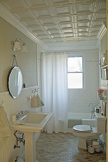 i love the idea of a tin ceiling and crown molding in the bathroom...good way to brighten up the hall baths that don't have windows Bathroom Ceiling Tiles, Ceiling Tiles Bathroom, Beadboard Bathroom, Toilet Sink, Tin Ceiling Tiles, Bathroom Ceiling, Tin Ceiling, Ceiling Tile, Bathroom Redo