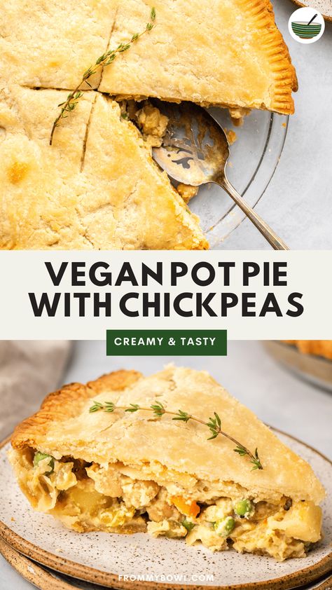 This Vegan Pot Pie combines a flaky pie crust, heart-healthy chickpeas, and a creamy vegetable and potato filling for a mouth-watering main dish everyone will go back for seconds of. Vegan, Gluten-Free, Oil-Free option. Vegan Pot Pie Casserole, Vegan Chicken Pot Pie Casserole, Chickpea Pot Pie, Vegan Pot Pie, Vegetable Pot Pie, Veggie Dinners, Vegan Pot Pies, Vegetable Pot Pies, Potato Filling