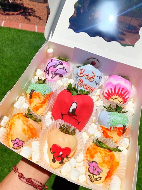 Bad bunny strawberries #badbunny #chocolatecoveredstrawberries #explore #strawberry Bad Bunny Chocolate Covered Strawberries, Bad Bunny Strawberries, Chocolate Strawberries, Chocolate Covered Strawberries, Chocolate Covered, Donuts, Takeout Container